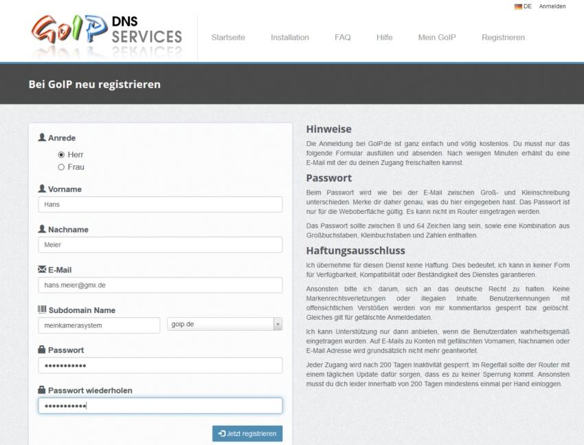 Registrieren beim Dienstanbieter In dieser Anleitung beschreiben wir die Einrichtung von DynDNS mit dem Dienstanbieter GoIP (www.goip.de). GoIP bietet den DynDNS Dienst kostenlos an.