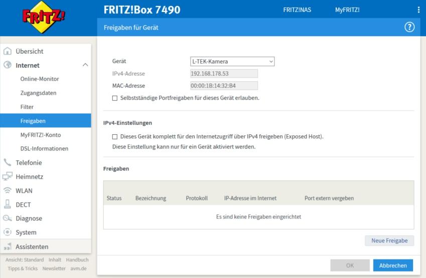 Fritzbox für Portfreigabe einrichten (IPv4) Die an der Fritzbox angeschlossenen Geräte sind vor unerwünschten Zugriffen aus dem Internet geschützt.