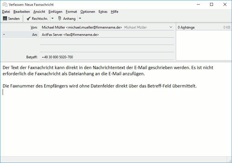 Beispiel für eine E-Mail bei der die Faxnachricht als zwei PDF-Dateien übermittelt wird und die Empfängerdaten über Datenfelder direkt im Nachrichtentext übergeben werden.