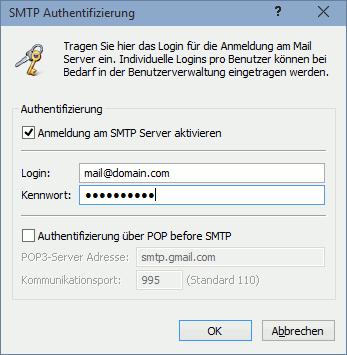 4.6.2. Mail Server Authentifizierung Viele Mail Server erfordern eine Anmeldung des Benutzers, um eine missbräuchliche Verwendung des Mail Servers für Spam-Mails zu verhindern.