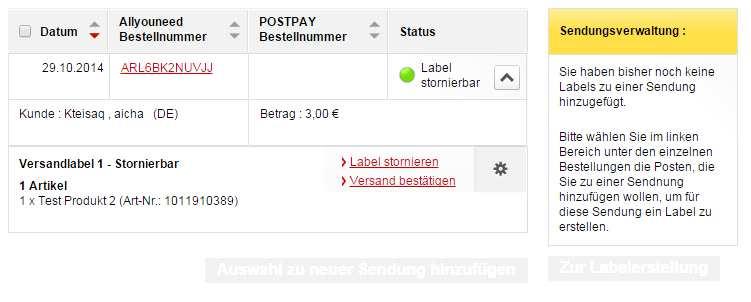 Dadurch wird die Bestellung bei Allyouneed bzw. POSTPAY als versendet markiert. Auch wird automatisch die TrackingId an unser System und den Kunden übermittelt.