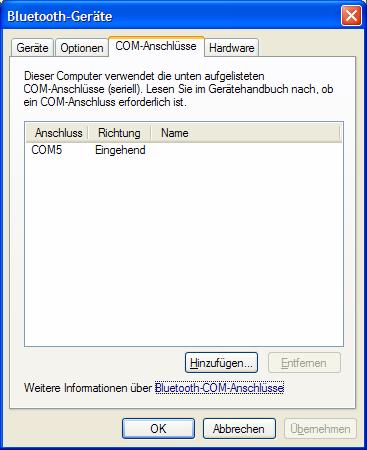 Auf dem Computer wird ein neuer COM-Anschluss (z.b. COM5) installiert und wie folgt im Bluetooth-Manager angezeigt. ACHTUNG: Dieser COM-Anschluss muß im Bereich von COM1 COM9 liegen.