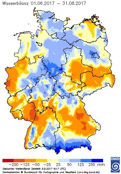 Abbildung 4 zur Pressemitteilung: Klimatische Wasserbilanz im Sommer 2017 Abbildung 4 zeigt die klimatische Wasserbilanz in mm im Sommer (Juni bis August).