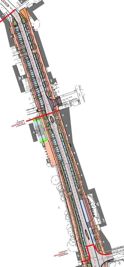 Bild 6 Lageplan der Neugestaltung, Bauabschnitt 1: zweistreifiger Fahrbahnquerschnitt mit durchlaufenden Parkstreifen