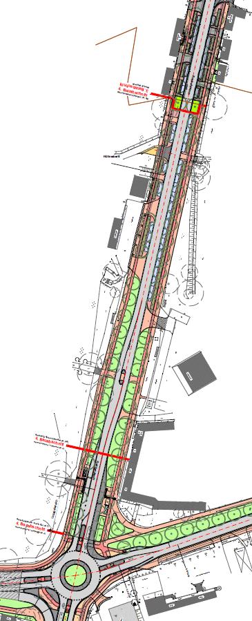 Bild 8 Lageplan der Neugestaltung, Bauabschnitte 3 und 4: zweistreifiger Fahrbahnquerschnitt mit einer Querschnittsaufteilung im nördlichen