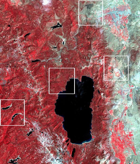 Farbkompositen aus LandSat-TM-Daten, Gebiet Reno / Lake Tahoe (Grenzgebiet Kalifornien / Nevada, USA) 1986