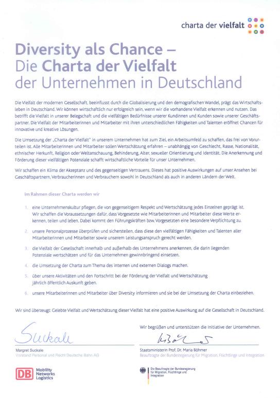 Deutsche Bahn bekennt sich offiziell zu Diversity und unterzeichnet die Charta der Vielfalt Initiative der Wirtschaft Erklärung und Verpflichtung von Unternehmen in Deutschland zum Thema Diversity /