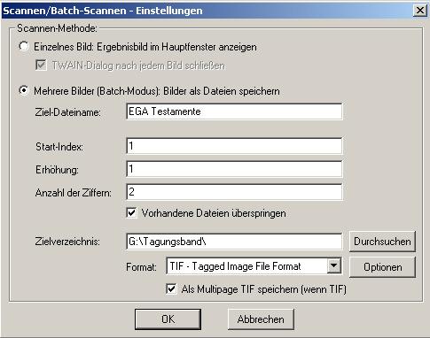 B Scannen von mehreren Seiten hintereinander 1. MENÜ Datei => Scannen/Batch-Scannen anklicken. Das Fenster Batch-Scannen Einstellungen öffnet sich: Ziel-Dateiname und Zielverzeichnis angeben.