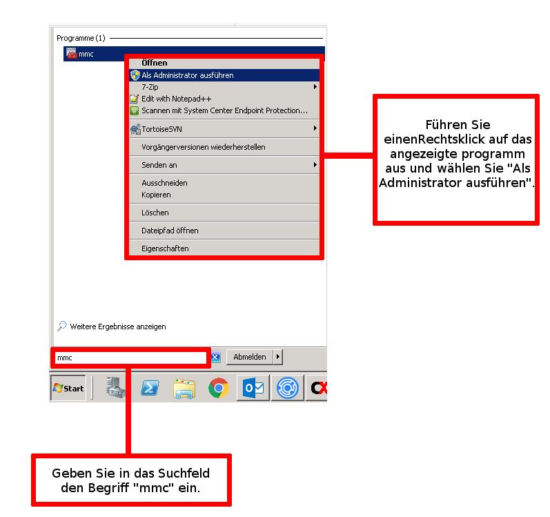 4. Zertifikat installieren Zur Installation des Zertifikats gehen Sie folgendermaßen vor: Geben Sie im Suchfenster Ihres Windows-Betriebsystems (Windows-Versionen ab Windows 7 verfügen über dieses