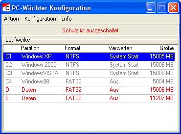 Konfiguration Betriebsart Im Fenster "PC-Wächter Konfiguration" sehen Sie die Übersicht aller angelegten
