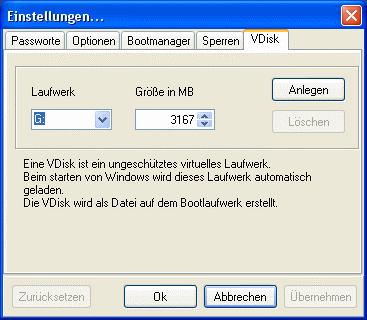 Anlegen eines virtuellen Laufwerkes mit VDisk Um ein virtuelles Laufwerk anzulegen, öffnen Sie das Register "VDisk". Sie sehen nun zwei Eingabemenüs, "Laufwerk" und "Größe in MB".