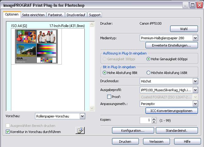 Druck aus dem Canon PhotoShop PlugIn Installieren Sie das PhotoShop PlugIn von der Treiber-CD für Ihre Photoshop Version.