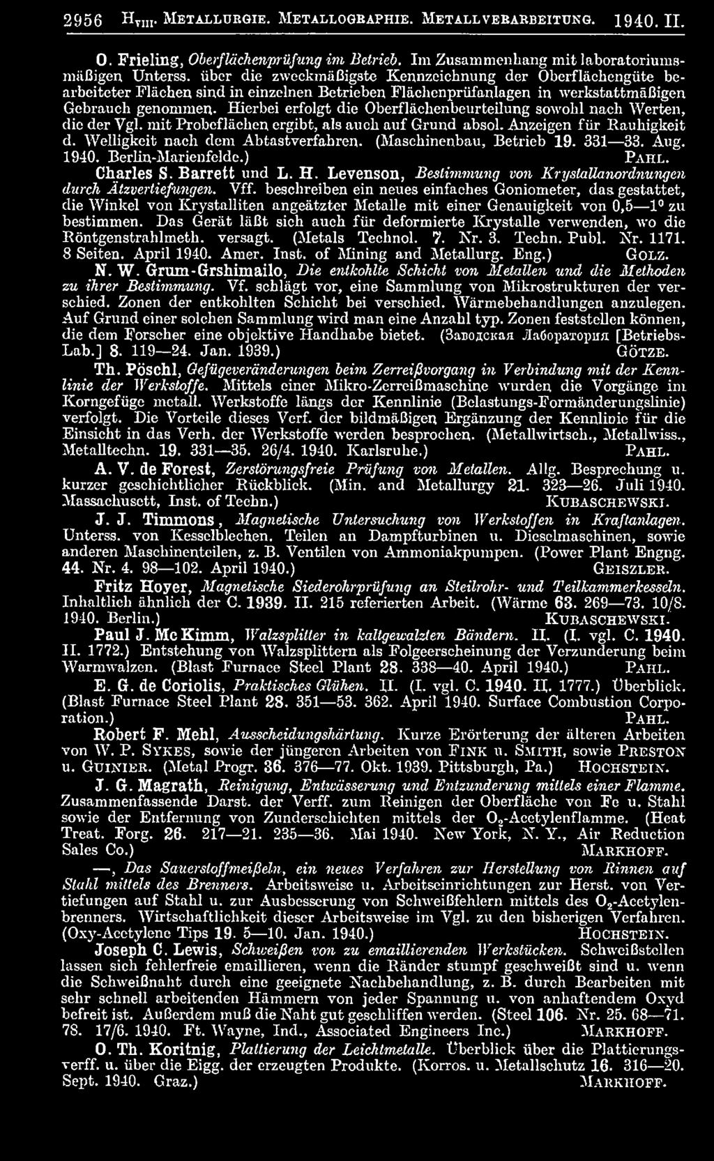 (Maschinenbau, Betrieb 19. 331 33. Aug. 1940. Berlin-Marienfelde.) P a h l. Charles S. Barrett und L. H. Levenson, Bestimmung von Krystallanordnungen durch Ätzvertiefungen. Vff.
