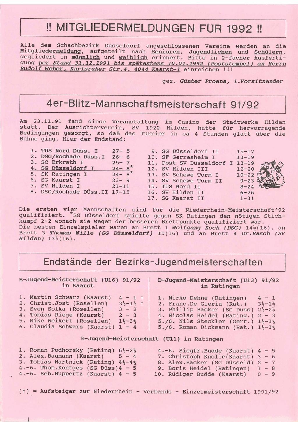 !! MITGLIEDERMELDUNGEN FUR 1992!! Alle.dem Schachbezirk Düsseldorf anges.