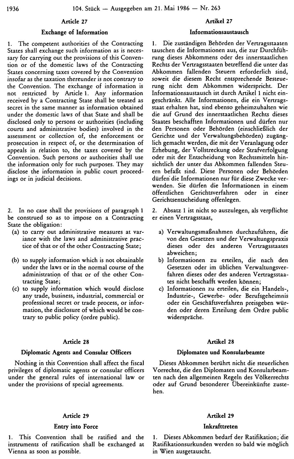 1936 104. Stück Ausgegeben am 21. Mai 1986 Nr. 263 Artikel 27 Informationsaustausch 1.