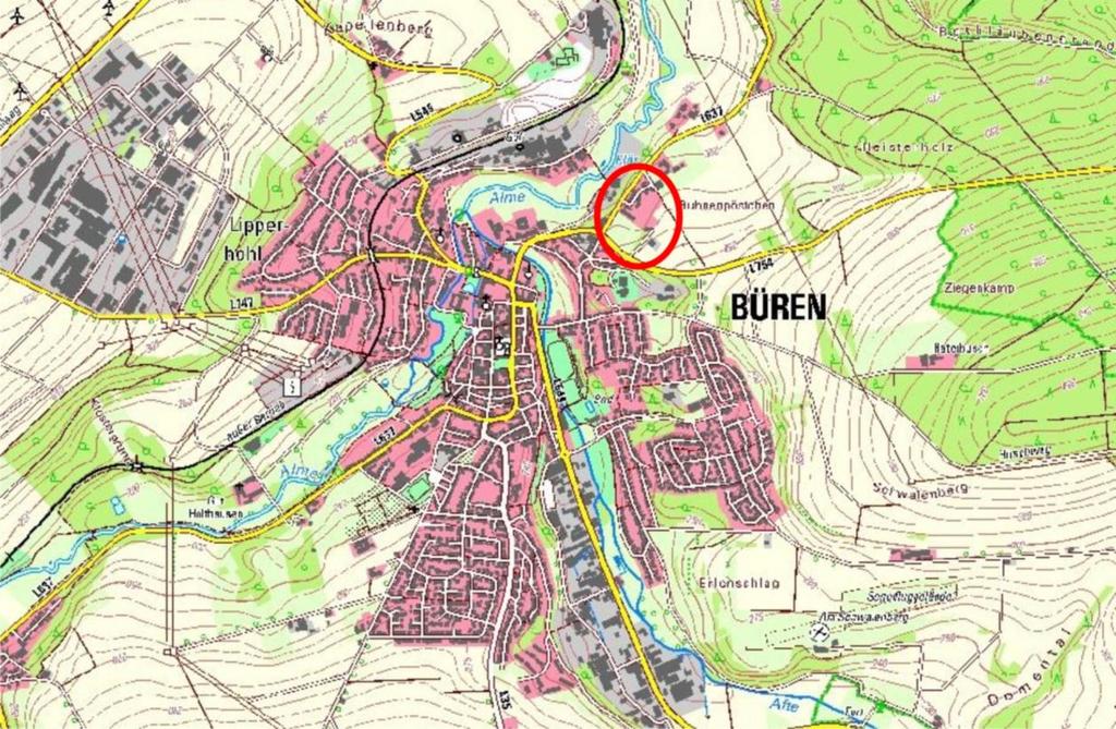3 Räumlicher Geltungsbereich Der Änderungsbereich liegt am nordöstlichen Siedlungsrand Bürens und wird im Westen durch die Brenkener Straße/L 637 begrenzt.