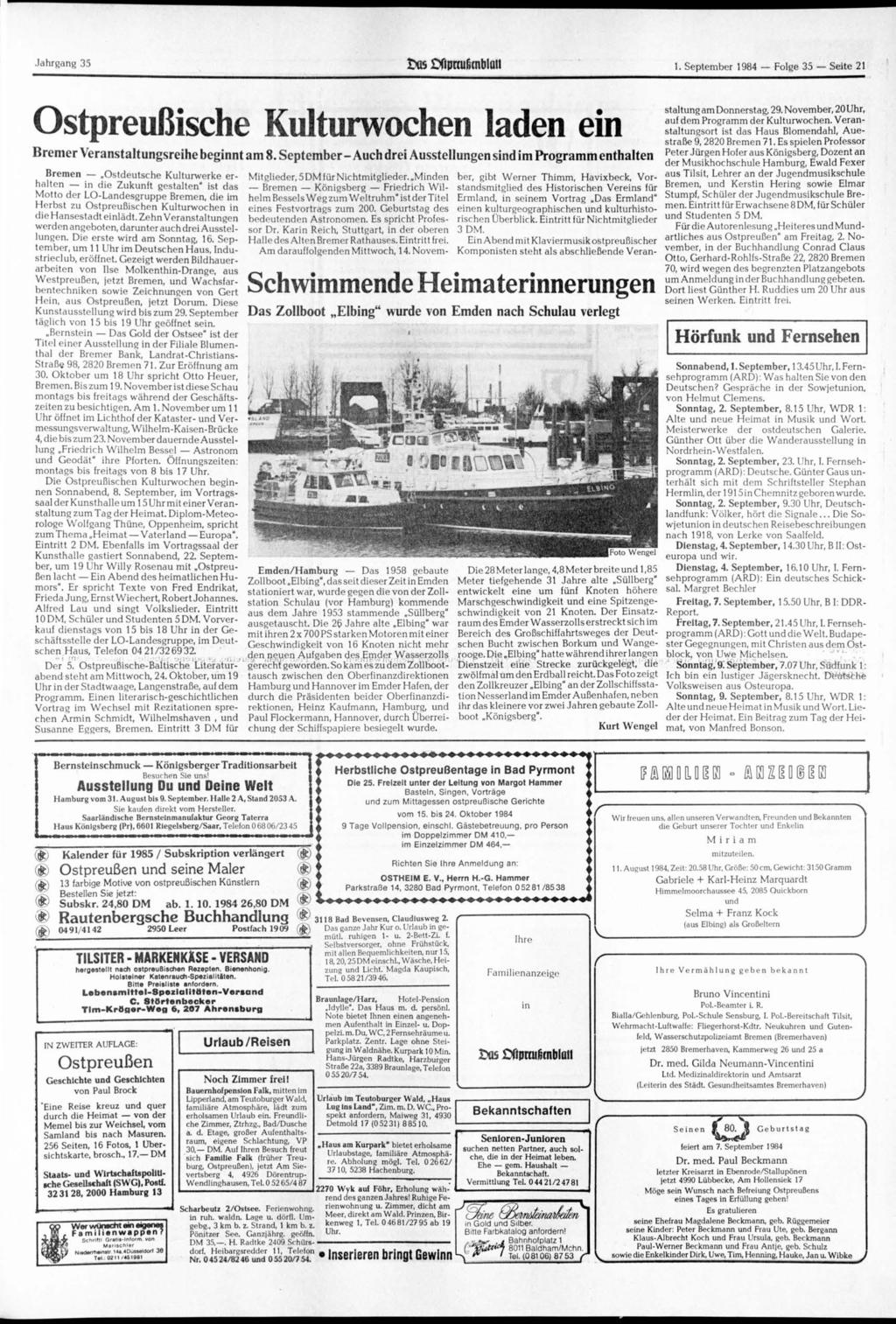 Jahrgang 35 IMS Xtpmif»mb!ait 1. 1984 Folge 35 Seite 21 Ostpreußische Kulturwochen laden ein Bremer Veranstaltungsreihe beginnt am 8.