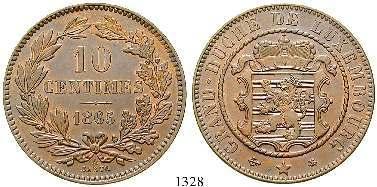 1328 Cu-10 Centimes 1865, A. Probst L264-5; KM 23.2. wunderschöne hellbraune Patina, f.