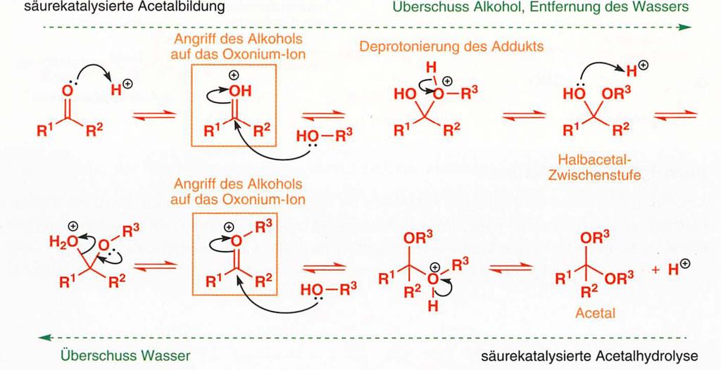 9. Funktionelle Gruppen: Addition an die Carbonylgruppe Säure-katalysierte Synthese und ydrolyse von Acetalen: rke: Die Bildung von Acetalen kann nur durch Säuren katalysiert werden, da die