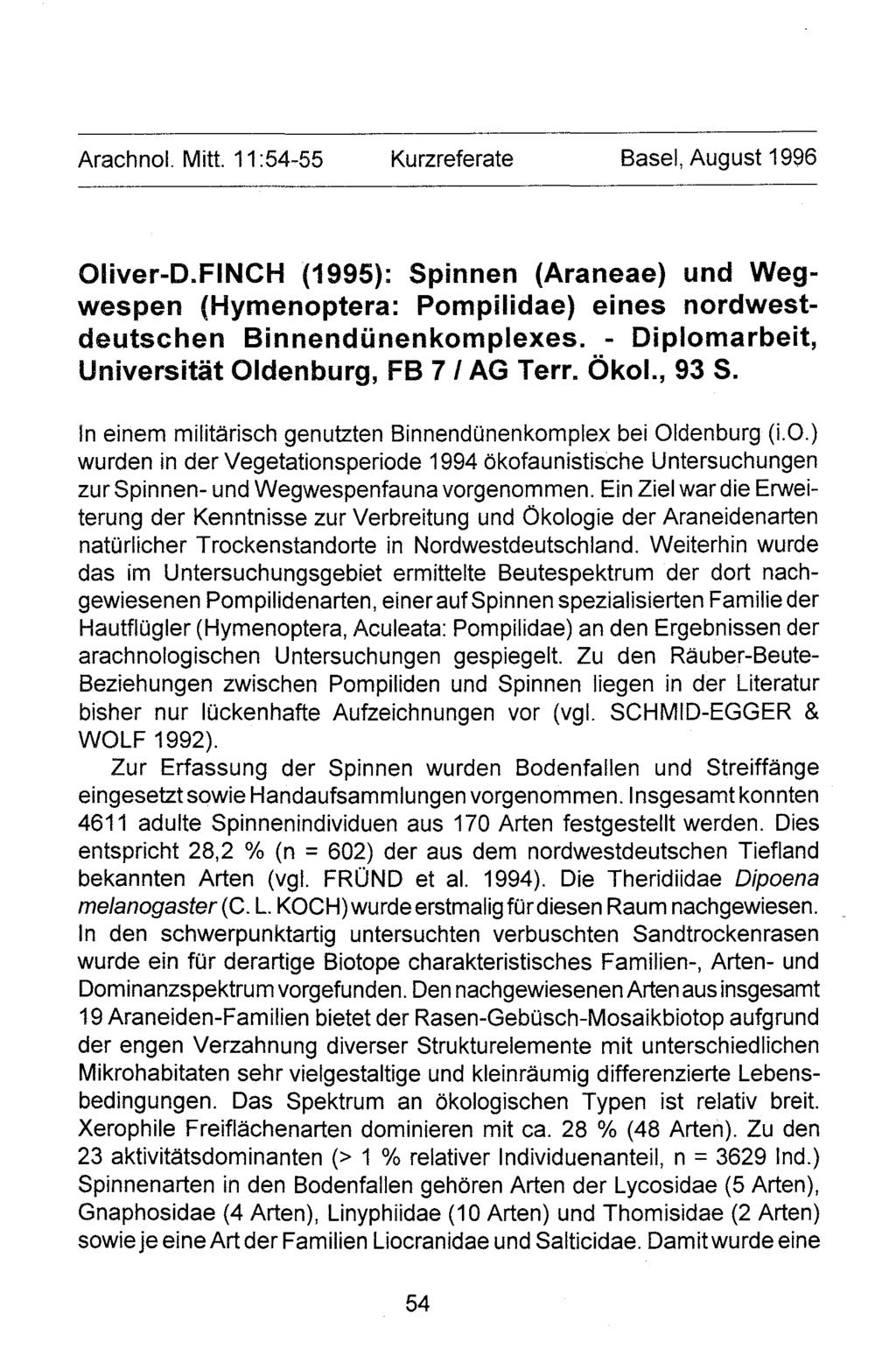 Arachnol. Mitt. 11 :54-55 Kurzreferate Basel, August 1996 Oliver-D.FINCH (1995): Spinnen (Araneae) und Wegwespen (Hymenoptera: Pompilidae) eines nordwestdeutschen Binnendunenkomplexes.