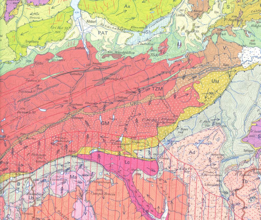 Geologischer Überblick des Tavetsch (Tujetsch), Vorderrheintal Wi Ax PA PA AM A PK VI B B AM AF Ausschnitt aus: Tektonische Karte der Schweiz 1 : 500'000, hsg.