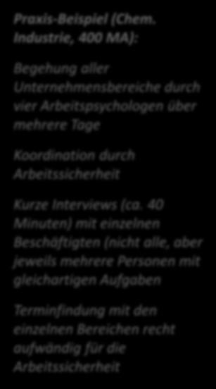 Ergebnisse gezeigt hat Pro Workshop 2-3 h, extern moderiert von einer Arbeitspsychologin Analyse von Ursachen und Erarbeitung von Verbesserungs- bzw.