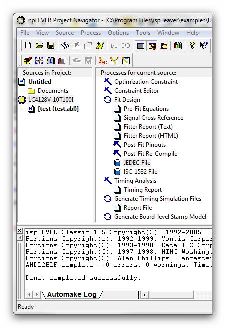 3.3 Kompilieren CPLD auswählen Um das Programm zu Kompilieren muss zuerst im File Fenster der richtiger CPLD ausgewählt werden, danach genügt ein Doppelklick auf JEDEC FILE Doppelklick auf JEDEC FILE