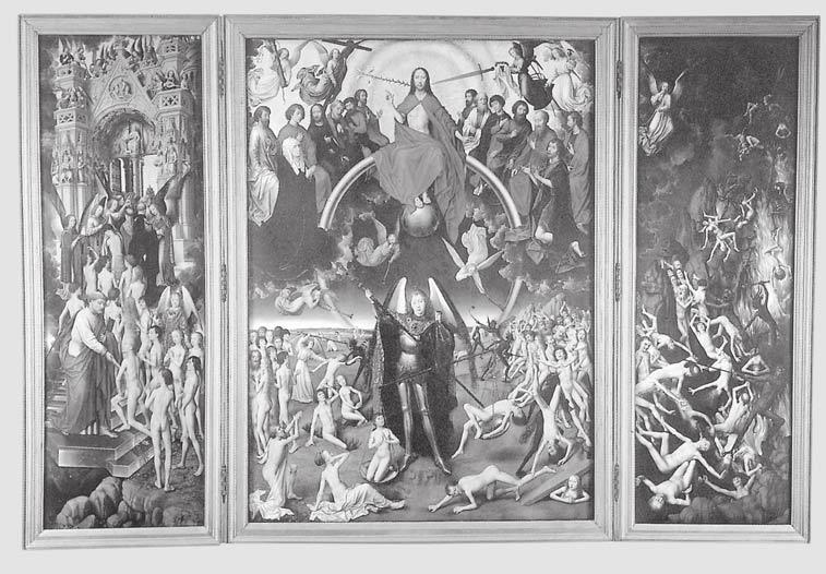 THEMENBLATT 6 Zu Inhalt und Entstehung des Bildes Der Einfluss v. d. Weydens wird in den Tafeln des Triptychons»Das Jüngste Gericht«in der Marienkirche zu Danzig deutlich. V. d. Weyden hat das gleiche Thema bereits 1443 1446 gestaltet (Altarbild für Kapelle des Hospitals zu Beaune im Auftrag Philipps des Guten).