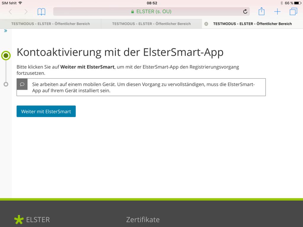 Mit einem Klick auf Weiter mit ElsterSmart wird diese Anwendung gestartet, falls sie bereits installiert ist.
