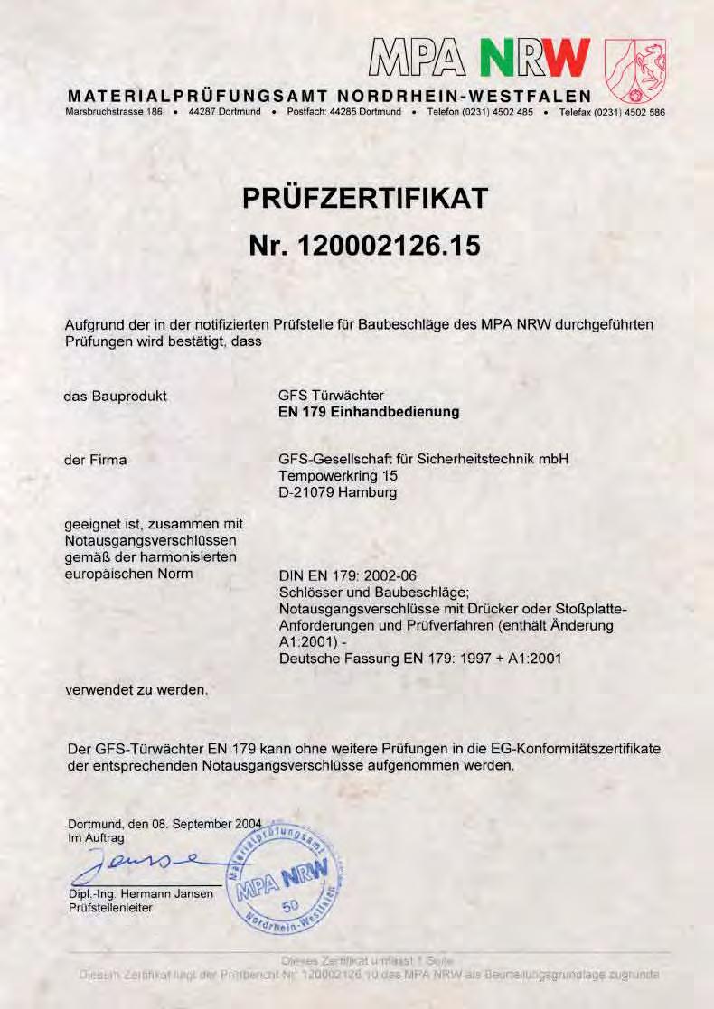 Zertifikat für den GfS EH-Türwächter an Türdrückern gemäß EN 179