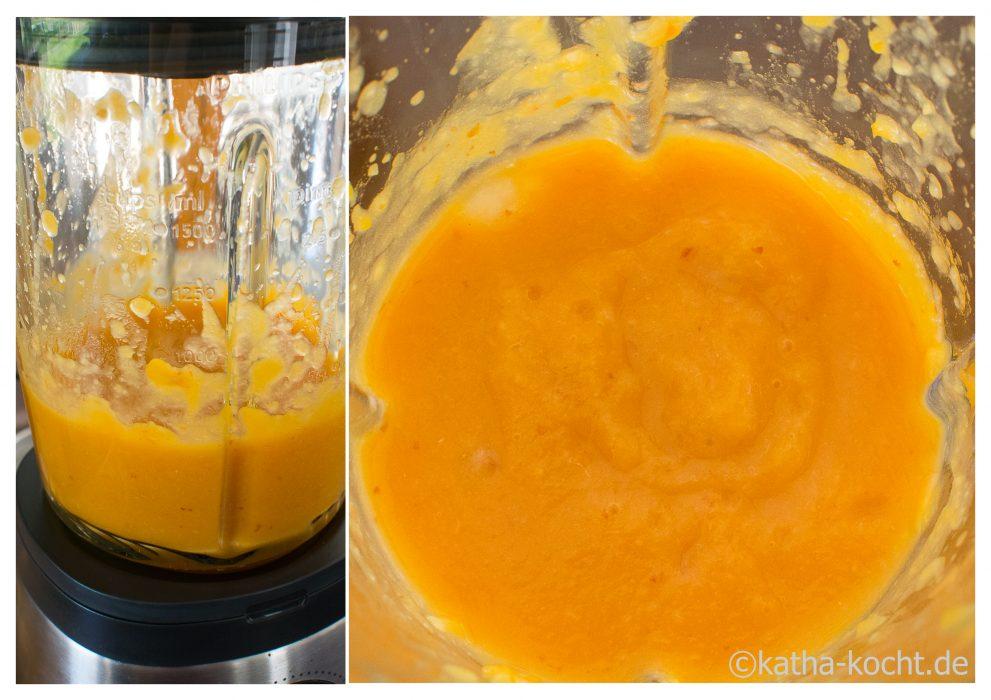 3 Saftorangen / 300ml Orangensaft 6-7 Eiswürfel ZUBEREITUNG: Das kalte Kürbismus vom gebackenen Muskat Kürbis, die geviertelten und entsteinten Pﬁrsiche, den frisch gepressten Orangensaft und