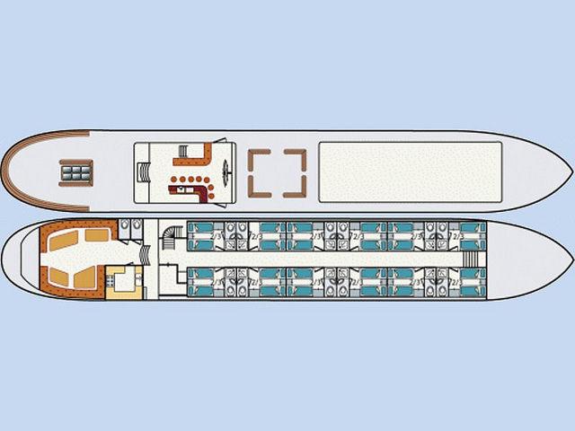 Unter Deck erwartet Sie ein gemütlicher, großer Salon sowie 12 Zweibettkabinen mit Du/WC und zwei Einzelbetten, die auf Wunsch zum Doppelbett zusammengeschoben werden können.