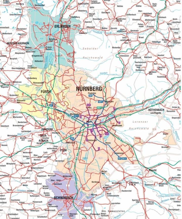 VAG Nürnberg Bedienungsgebiet (inkl. Beteiligungsgesellschaften): Nürnberg, Fürth, Erlangen, Nachbarortslinien nach Oberasbach, Schwabach, Schwaig und Zirndorf Einwohner...886.000 Bedienungsgebiet.
