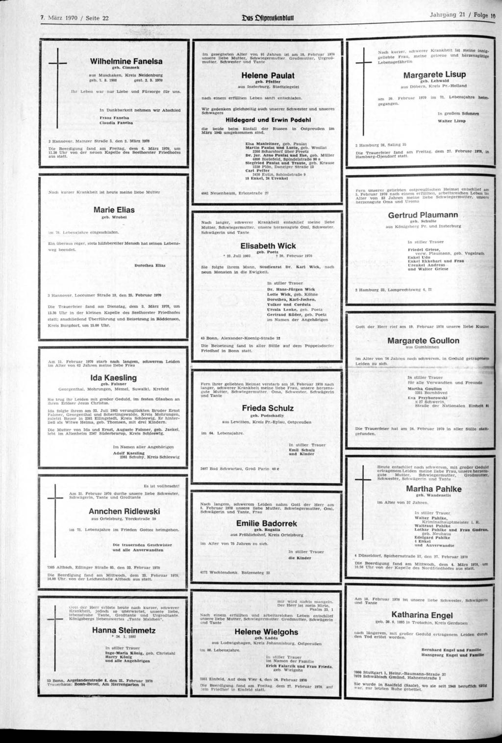 i 7 März 1970 Seite 22 IM5 Cfipmirunblall Jahrgang 21 Folge 10 Wilhelmine