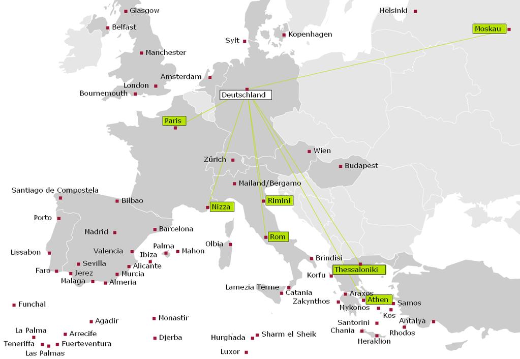 Europäisches Streckennetz dba ab Berlin Tegel Moskau, Nizza ab München Moskau,