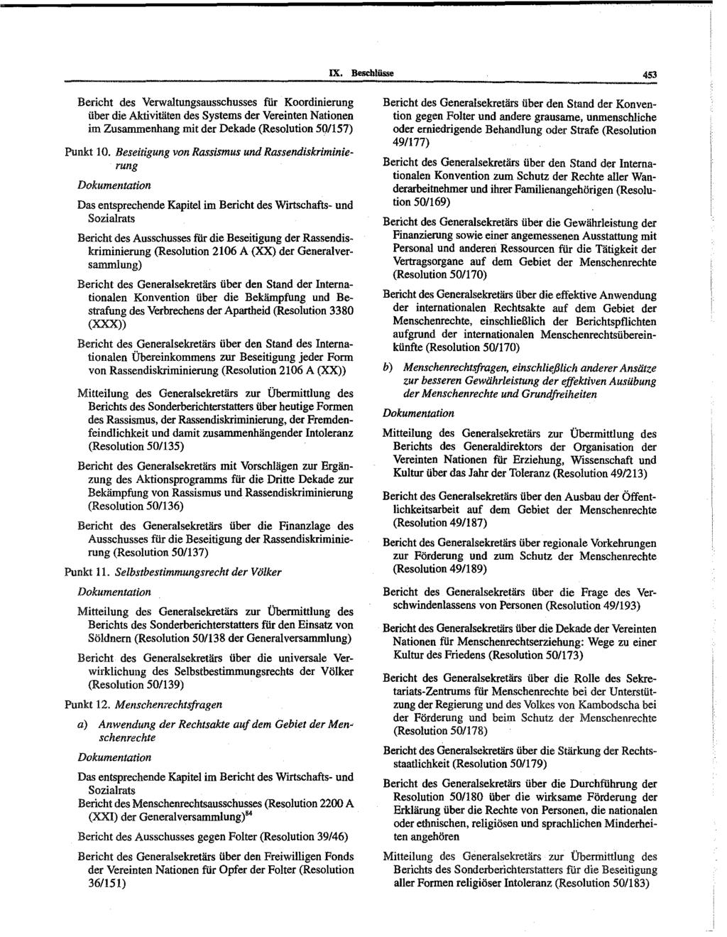 IX. BescbIüsse 453 Bericht des Verwaltungsausschusses für Koordinierung über die Aktivitäten des Systems der Vereinten Nationen im Zusammenbang mit der Dekade (Resolution 50/157) Punkt 10.