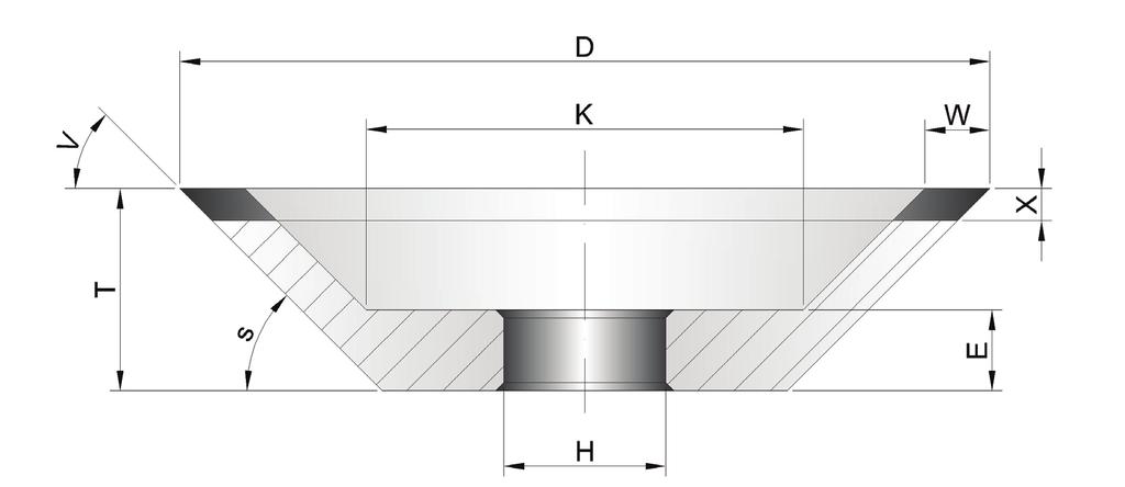 Einleitung Kriterien zur Auswahl von Diamantoder Bornitrid-Schleifscheiben 2. Abmessung Bei der Bemaßung müssen die Geometrie der Schleifscheibe und der Aufbau des Belages berücksichtigt werden.