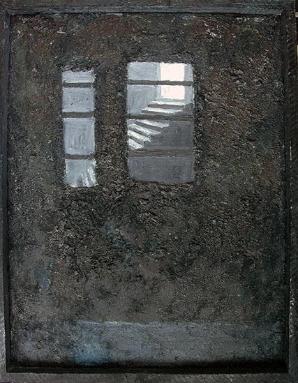 Aufgang hinter Fenstern, 1993, Öl und Vlies
