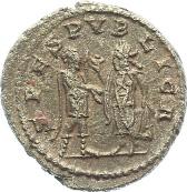 A159 A164 A160 A157 Antoninian. Brb. mit Strahlenkrone n.r. Rs.: Weibliche Gestalt mit Turmkrone stehend n.r. überreicht dem Kaiser mit Speer n. l.