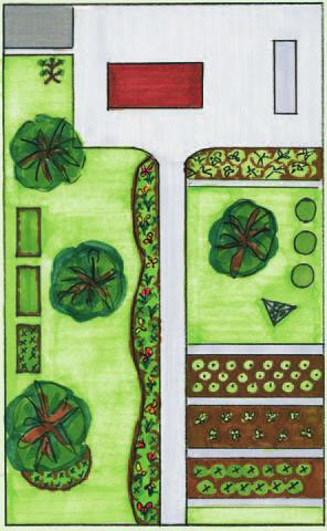 Beispiele für die Gestaltung eines Kleingartens mit Kräutern Kompostanlage Kräuterbaum Laube Gewächshaus Birne Kräuterbeet