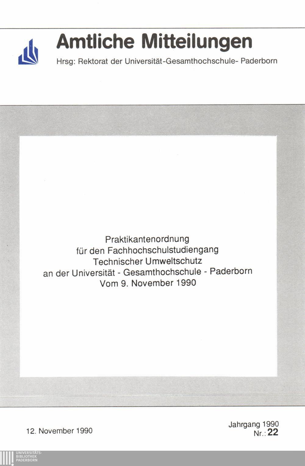 Amtliche Mitteilungen Hrsg: Rektorat der Universität-Gesamthochschule- Paderborn Praktikantenordnung für den Fachhochschulstudiengang