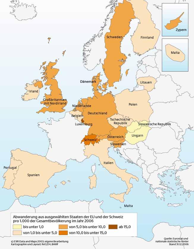 MIGRATIONSGESCHEHEN IM EUROPÄISCHEN VERGLEICH Karte 4-2: Abwanderung aus ausgewählten Staaten der EU und aus der Schweiz pro 1.