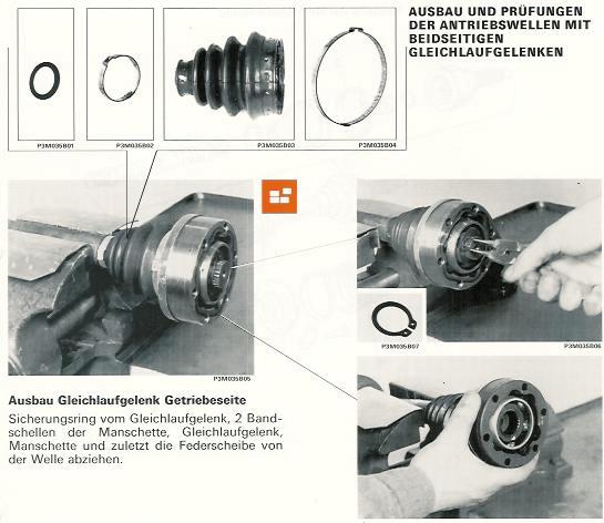 AUSBAU UND PRÜFUNGEN DER ANTRIEBSWEL- LEN MIT BEIDSEITIGEN GLEICHLAUF GELENKEN Ausbau Gleichlaufgelenk Getriebeseite Sicherungsring vorn