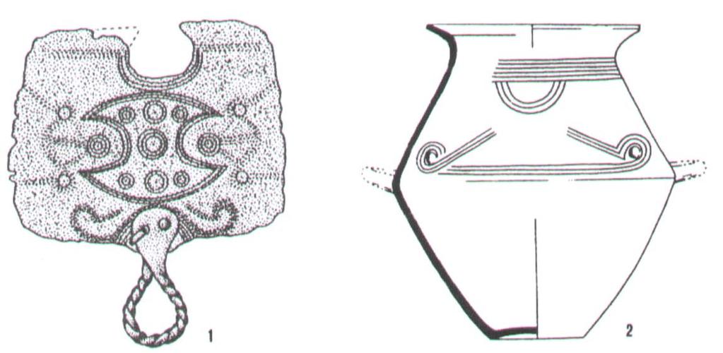 Bildthemen: Vögel, Vogelköpfe und Barken (Tab. 39). Die Beinschienen und die Fibeln stammen aus Hortkontexten, die Keramik aus Gräbern.