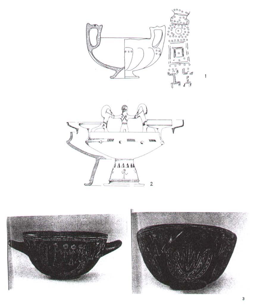 Bildthemen: Menschen Abb. 128. Menschendarstellungen auf Keramikgefäßen des ausgehenden 8. und 7. Jahrhunderts. 1 Vetulonia, 2 Capua, 3 unbekannter Fundort (1 nach Camporeale 2000, 167 Abb.