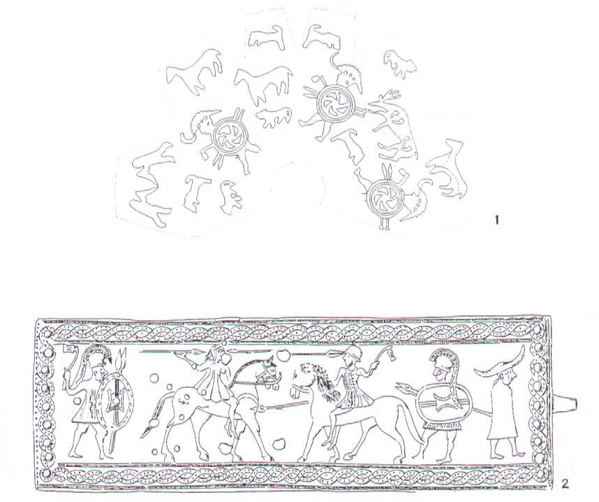 Bildthemen: Beile Abb. 137. Beile und Krieger. 1 Este, Vase Alfonsi; 2 Gürtelblech aus Va_e (1 nach Frey 1969 Taf. 69; 2 nach Ter_an 1997, 663 Abb. 7).