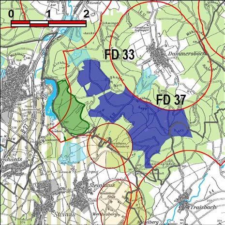 Kennung: FD 37 Rotlöwenkuppe Hofbieber; Hünfeld Traisbach; Dammersbach Flächengröße Suchraum: 328 ha Vorranggebiet: 237 ha 5,75 m/s bis unter 6,50 m/s reine Waldfläche im Vorland der Rhön; 3 WEA am