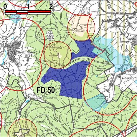 Kennung: FD 50 Steinerne Platte/ Schnepfenwald Großenlüder Kleinlüder, Oberbimbach Flächengröße Suchraum: 588 ha Vorranggebiet: 247 ha 5,75 m/s bis unter 6,25 m/s reine Waldfläche am Nordostrand des