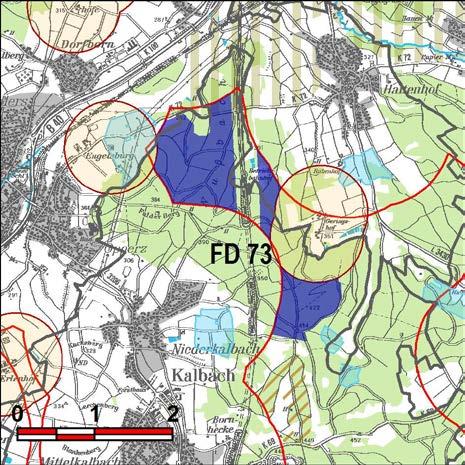 Kennung: FD 73 Nußbach und Bernleite Kalbach; Neuhof Niederkalbach; Hattenhof Flächengröße Suchraum: 706 ha Vorranggebiet: 179 ha 5,75 m/s bis unter 6,25 m/s reine Waldfläche in drei Teilbereichen in