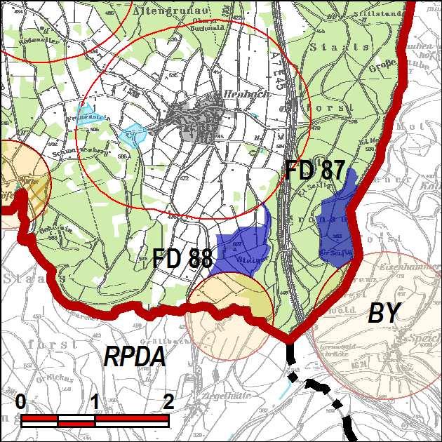 Kennung: FD 88 Steiger Kalbach Heubach Flächengröße Suchraum: 67 ha Vorranggebiet: 43 ha 5,75 m/s bis unter 6,50 m/s überwiegende Offenlandfläche nahe der Grenze zu Südhessen und der Landesgrenze zu